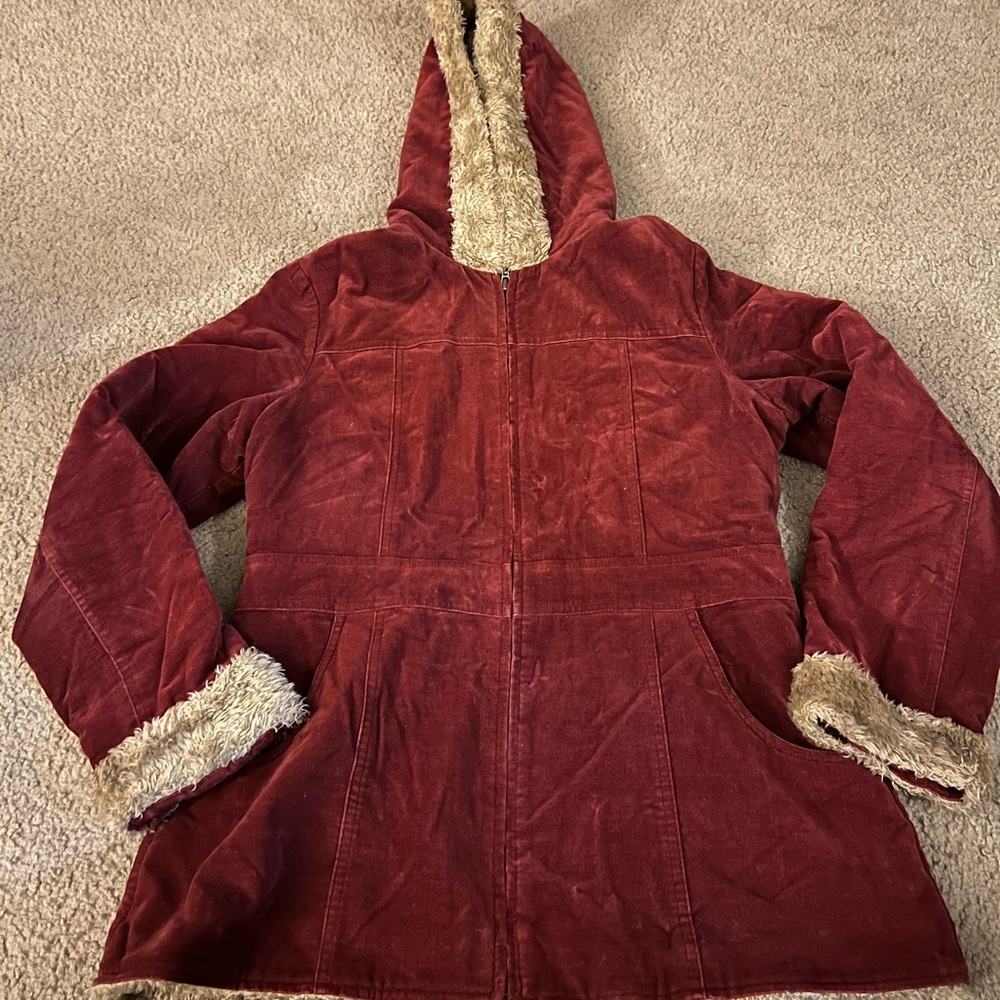 Vintage Red Hooded Jacket with Faux Fur Trim